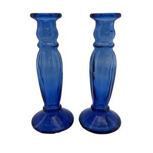 Vitrocolor Candlesticks Art Glass Spain Recycled Blue Opac Tapers Pair